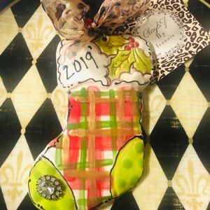 Whimsical ClayArt handmade Plaid Stocking Ornament